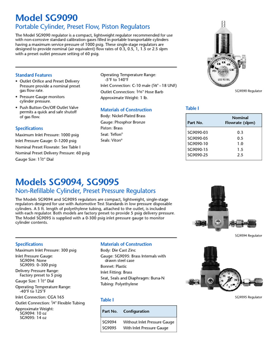 Accurate Gas Products, Model SG9090, Portable Cylinder, Preset Flow, Piston Regulators, Models SG9094, Models SG9095